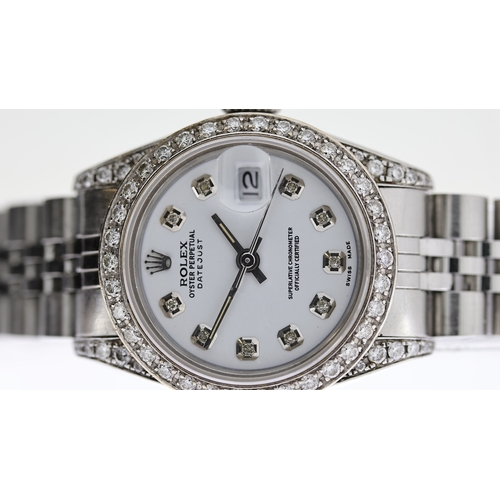 45 - LADIES ROLEX DATEJUST DIAMONDS REFERENCE 69174 CIRCA 1984, circular white dial with diamond dot hour... 