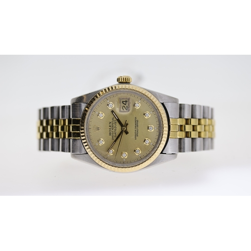 47 - ROLEX DATEJUST STEEL AND GOLD DIAMOND DOT REF 16013 CIRCA 1981, circular champagne dial with diamond... 