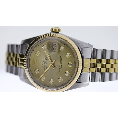 47 - ROLEX DATEJUST STEEL AND GOLD DIAMOND DOT REF 16013 CIRCA 1981, circular champagne dial with diamond... 