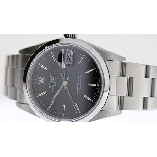 48 - ROLEX OYSTER PERPETUAL DATE REFERENCE 15200 CIRCA 2000, circular gloss black dial with baton hour ma... 