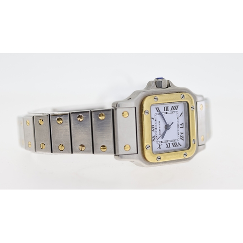 52 - LADIES CARTIER SANTOS AUTOMATIC, square white dial with roman numeral hour markers, blued hands, app... 