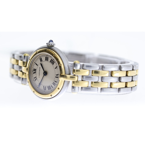 53 - CARTIER QUARTZ WRISTWATCH, circular cream dial with roman numeral hour markers, approx 23mm two tone... 