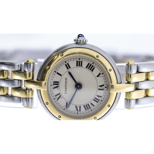 53 - CARTIER QUARTZ WRISTWATCH, circular cream dial with roman numeral hour markers, approx 23mm two tone... 