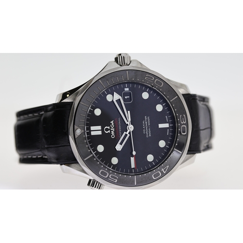 63 - OMEGA SEAMASTER CO AXIAL AUTOMATIC, circular gloss black dial with applied hour markers, date apertu... 