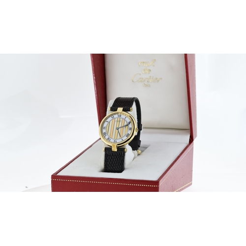 8 - MUST DE CARTIER WRISTWATCH WITH BOX, circular gold striped and white dial with roman numeral hour ma... 