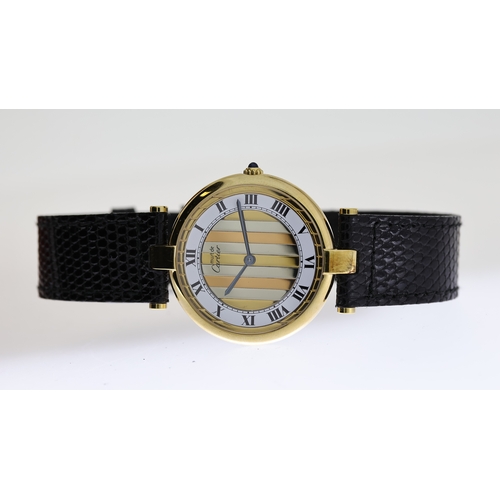 8 - MUST DE CARTIER WRISTWATCH WITH BOX, circular gold striped and white dial with roman numeral hour ma... 