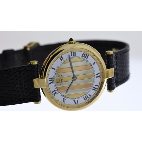 8 - MUST DE CARTIER WRISTWATCH WITH BOX, circular gold striped and white dial with roman numeral hour ma... 