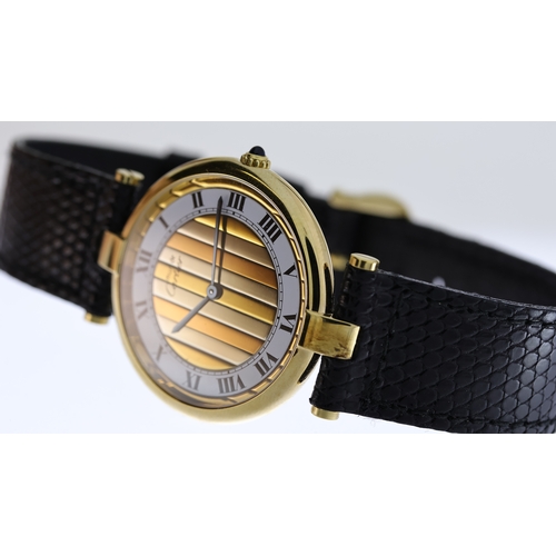 8 - MUST DE CARTIER WRISTWATCH WITH BOX, circular gold striped and white dial with roman numeral hour ma... 