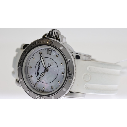 85 - MONTBLANC MOTHER OF PEARL QUARTZ WATCH, circular mother of pearl dial with dot hour markers, date ap... 