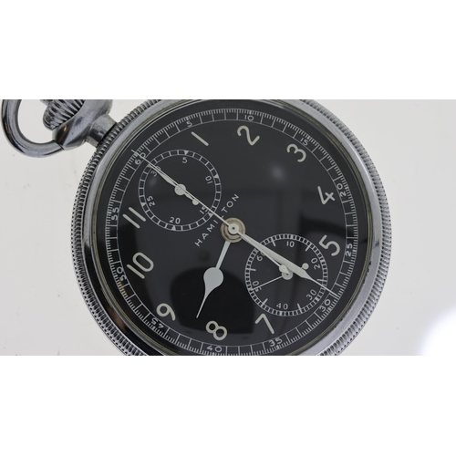 371 - HAMILTON WW2 CHRONOGRAPH POCKET WATCH MODEL 23, approx 50mm dial, Arabic hour markers, subdials at 6... 