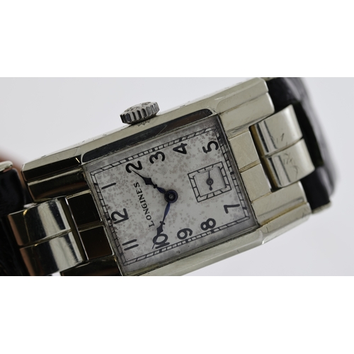 395 - VINTAGE 18CT LONGINES ART DECO WRISTWATCH, square silver patina dial with arabic numeral hour marker... 