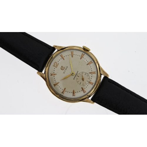 396 - VINTAGE 9CT CYMA MECHANICAL WRISTWATCH, circular silver dial with baton hour markers, subsidiary sec... 