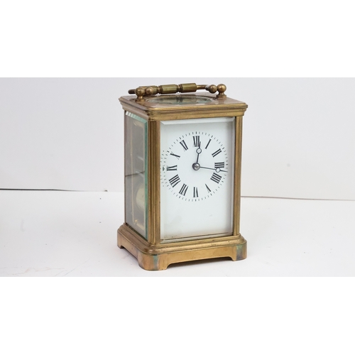 411 - BRASS CASE REPEATER CARRAIGE CLOCK WITH CASE AND KEY, white dial with roman numeral hour markers, si... 