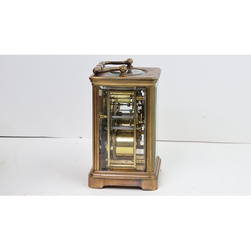 411 - BRASS CASE REPEATER CARRAIGE CLOCK WITH CASE AND KEY, white dial with roman numeral hour markers, si... 