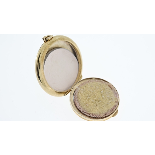 1001 - Antique 9ct gold powder compact. Measures 4.8cm wide. Solid 9ct gold. Weighs 25 grams