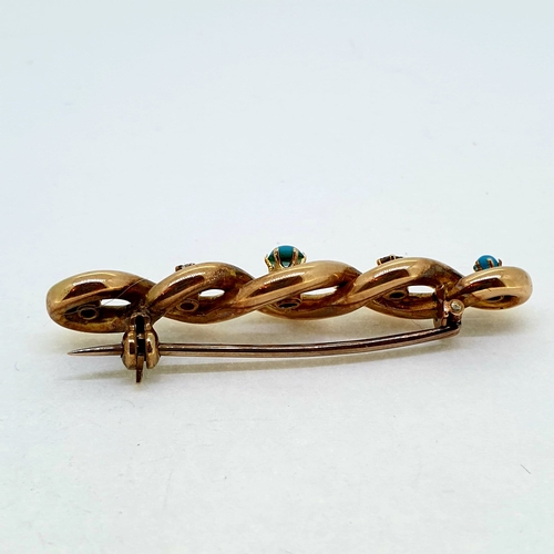 1023 - Tests 15ct gold twist bar brooch with turquoise and
diamonds 4.5g