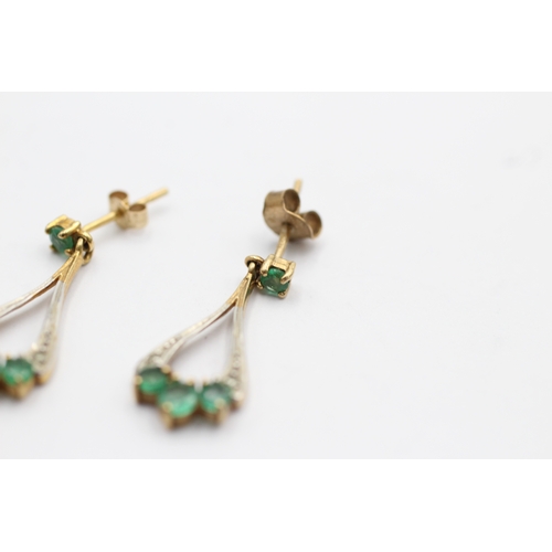 1040 - 9ct Gold Emerald And Diamond Accented Drop Earrings (1.5g)