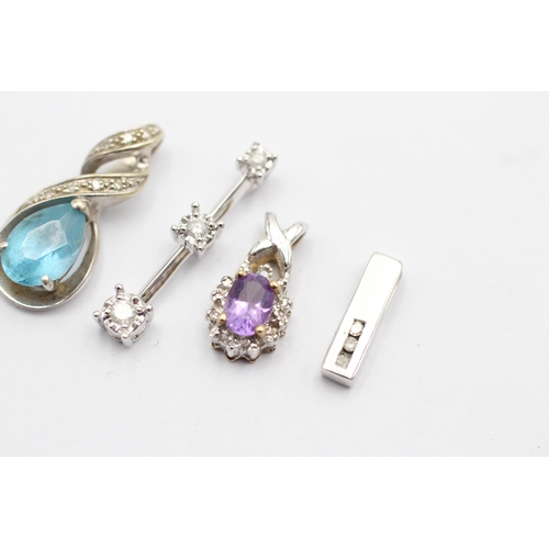 1070 - 4 X 9ct White Gold Gemstone Set Pendants Inc. Topaz, Amethyst & Diamond (4g)