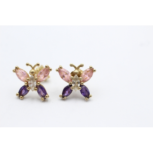 1081 - 9ct Gold Amethyst & Clear Gemstones Butterfly Stud Earrings (1.8g)