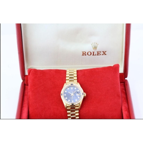 331 - 18CT LADIES ROLEX DATEJUST SAPPHIRE AND DIAMOND SET REFERENCE 69088 WITH BOX, circular sunburst blue... 