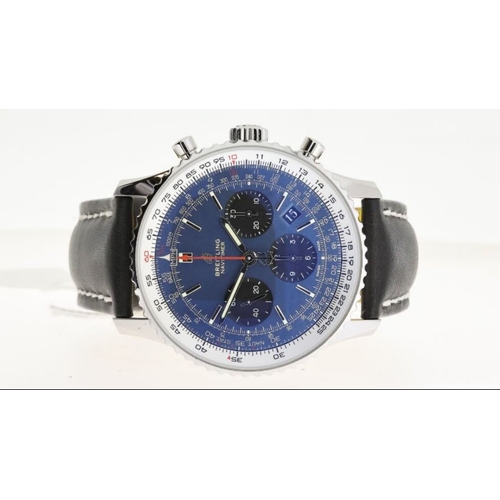 338 - BREITLING NAVITIMER B01 CHRONOGRAPH 43 WITH BOX REFERENCE AB0121, circular sunburst blue dial with b... 