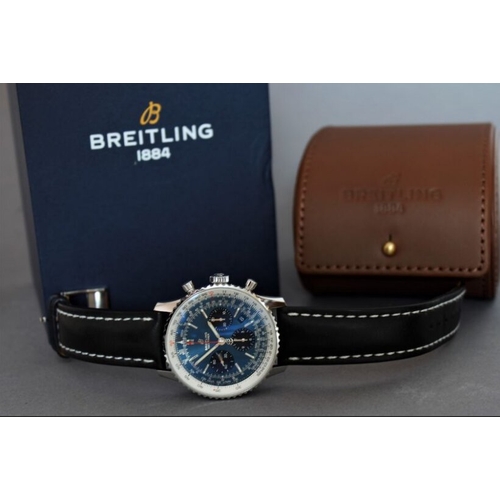 338 - BREITLING NAVITIMER B01 CHRONOGRAPH 43 WITH BOX REFERENCE AB0121, circular sunburst blue dial with b... 