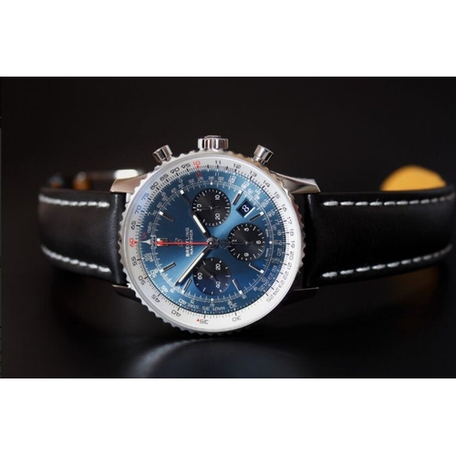 338 - BREITLING NAVITIMER B01 CHRONOGRAPH 43 WITH BOX REFERENCE AB0121, circular sunburst blue dial with b... 