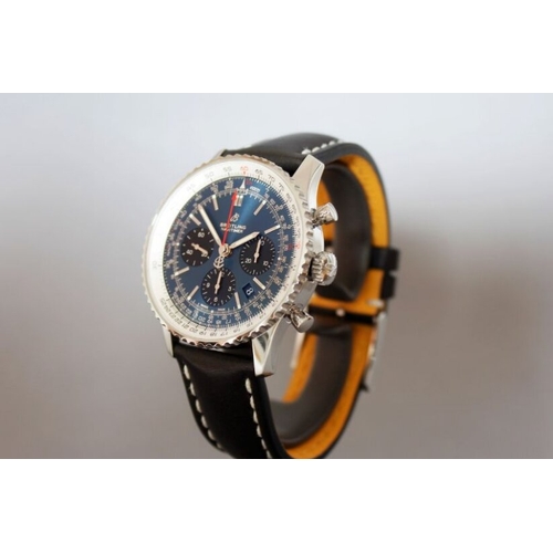 338 - BREITLING NAVITIMER B01 CHRONOGRAPH 43 WITH BOX REFERENCE AB0121, circular sunburst blue dial with b... 