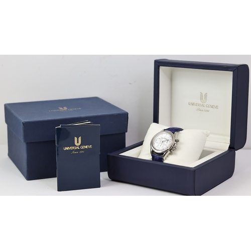 354 - UNIVERSAL GENEVE COMPAX REFERENCE 884.420 BOX AND GUARANTEE, circular gloss white dial with baton ho... 