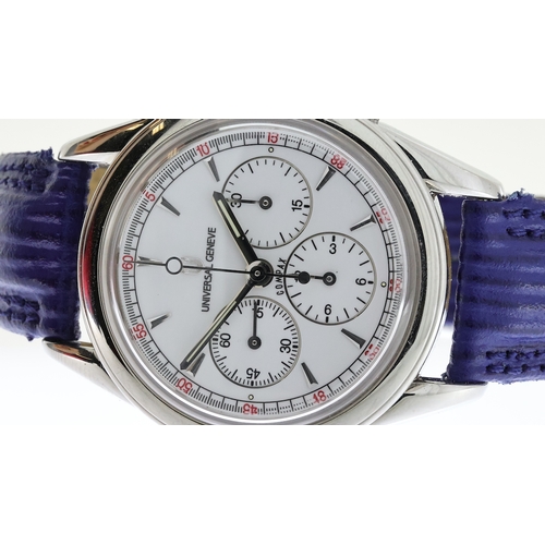 354 - UNIVERSAL GENEVE COMPAX REFERENCE 884.420 BOX AND GUARANTEE, circular gloss white dial with baton ho... 