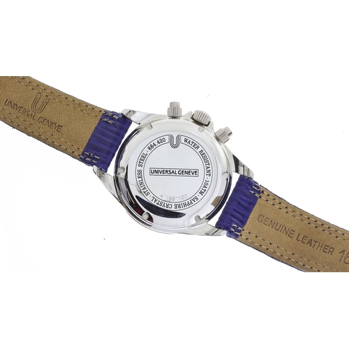 354 - UNIVERSAL GENEVE COMPAX REFERENCE 884.420 BOX AND GUARANTEE, circular gloss white dial with baton ho... 