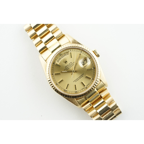 388 - ROLEX OYSTER PERPETUAL DAY-DATE 18CT GOLD 'WIDE BOY' REF. 1803 CIRCA 1970, circular gold wide boy di... 