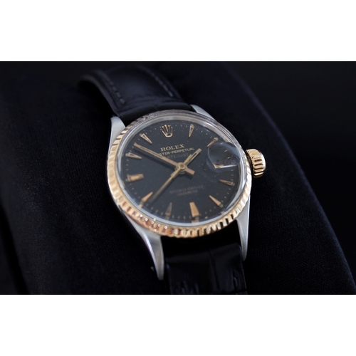 340 - ROLEX LADY DATEJUST 26 REFERENCE 6517 WITH PAPERS 1969, circular gloss black dial with patina, baton... 