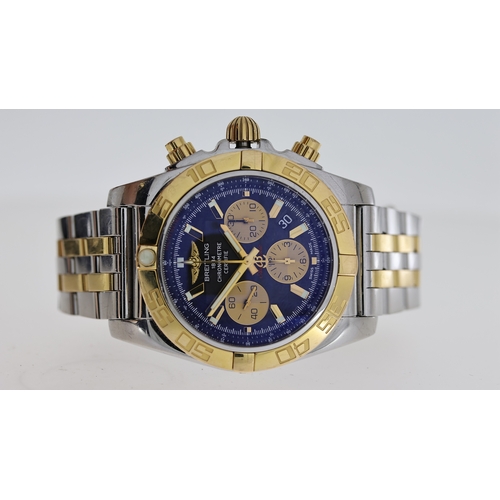 108 - BREITLING CHRONOMAT 44 REFERENCE CB0110 W/BOX, approx 44mm black dial with gold baton hour markers, ... 