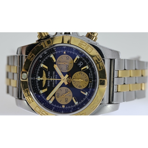 108 - BREITLING CHRONOMAT 44 REFERENCE CB0110 W/BOX, approx 44mm black dial with gold baton hour markers, ... 