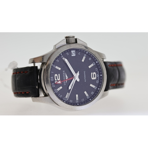 167 - LONGINES CONQUEST REF L3.687.4 W/BOX, approx 38mm black dial with baton & Arabic hour markers, date ... 