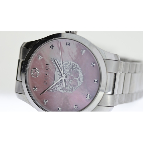 199 - GUCCI CATFACE REF 126.4, approx 37mm mother of pearl dial, charm-style hour markers, stainless steel... 