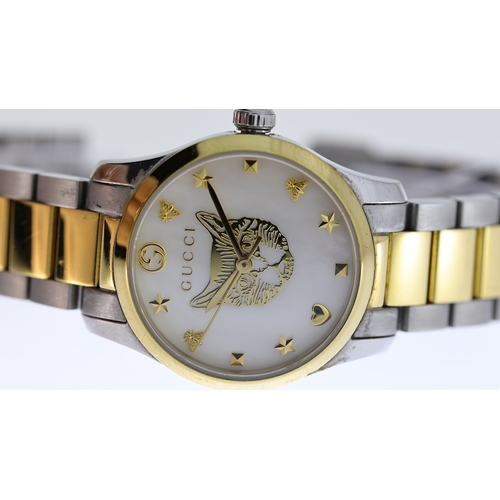 202 - GUCCI MEOW REF 126.5, approx 26mm mother of pearl dial, charm-style hour markers, gold plated bezel,... 