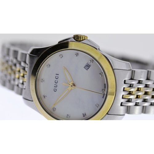 208 - LADIES GUCCI REF 126.5, approx 26mm mother of pearl dial, round jewel hour markers, date aperture at... 