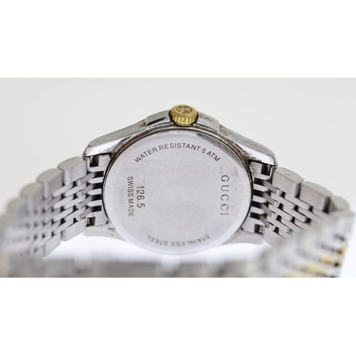 208 - LADIES GUCCI REF 126.5, approx 26mm mother of pearl dial, round jewel hour markers, date aperture at... 