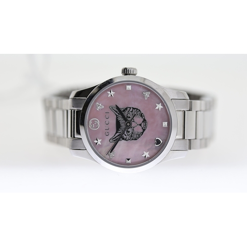 222 - GUCCI PUDDY TAT REF 126.5, approx 26mm mother of pearl dial, charm-style hour markers, stainless ste... 