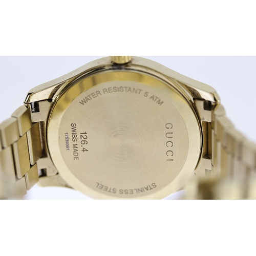 226 - GUCCI REF 126.4 W/BOX, approx 37mm patterned gold dial, date aperture at 6 o'clock, gold plated beze... 