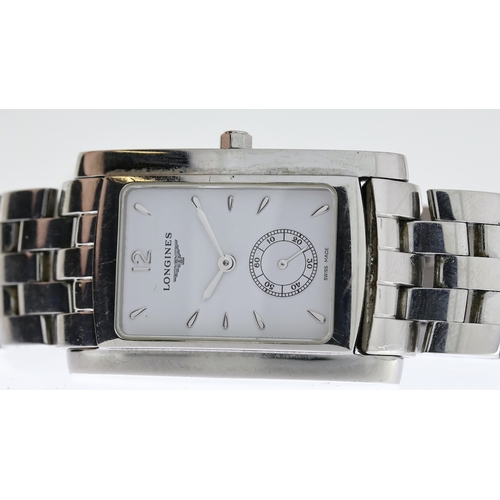 23 - LONGINES QUARTZ WRISTWATCH WITH BOX AND PAPERS 2001, rectangular white dial with baton hour markers,... 