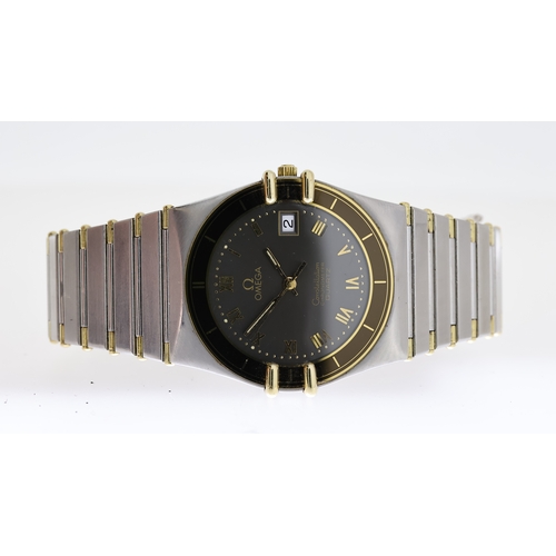 25 - OMEGA CONSTELLATION QUARTZ WITH OMEGA POUCH REFERENCE 1980136, circular grey sunburst dial with roma... 