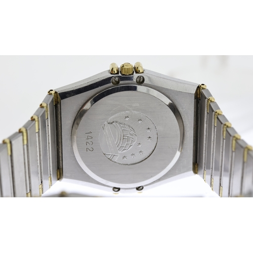 25 - OMEGA CONSTELLATION QUARTZ WITH OMEGA POUCH REFERENCE 1980136, circular grey sunburst dial with roma... 