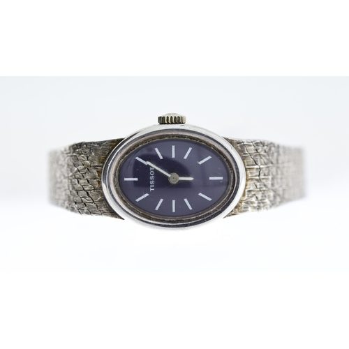 251 - VINTAGE LADIES TISSOT, approx 18mm indigo dial with baton hour markers, silver case & Tissot crown, ... 