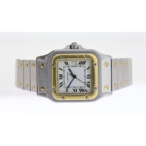 27 - CARTIER SANTOS CARRÉE AUTOMATIC WITH BOX, square white dial with roman numeral hour markers, blue ha... 