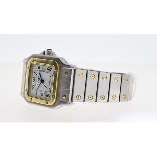 27 - CARTIER SANTOS CARRÉE AUTOMATIC WITH BOX, square white dial with roman numeral hour markers, blue ha... 