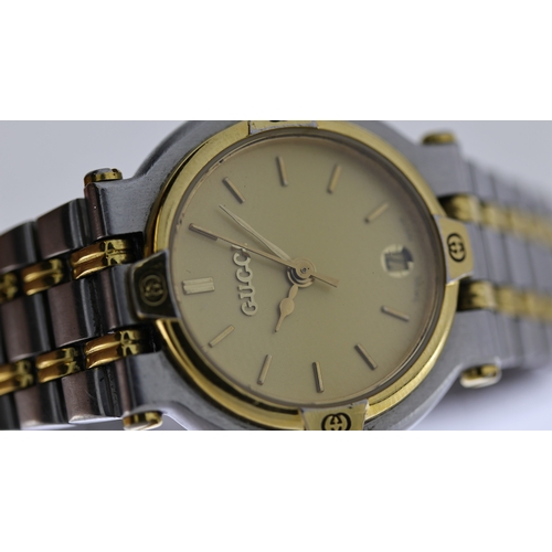 276 - LADIES GUCCI REF 9000 L, approx 24mm gold dial, baton hour markers, date aperture at 6 o'clock, gold... 