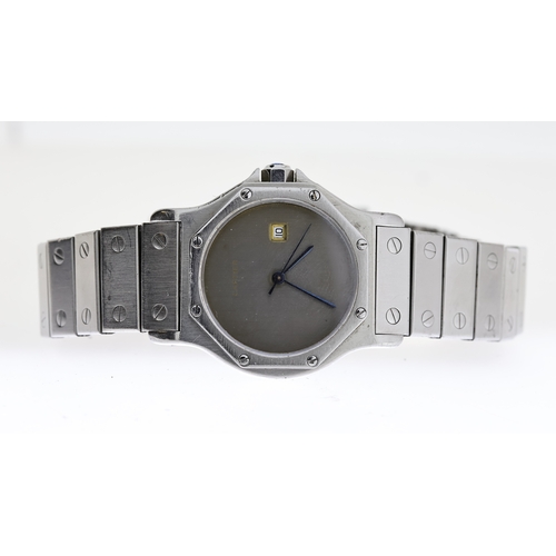 28 - CARTIER SANTOS OCTAGON AUTOMATIC WITH BOX, circular silver dial with blue hands, quickset date at 3 ... 